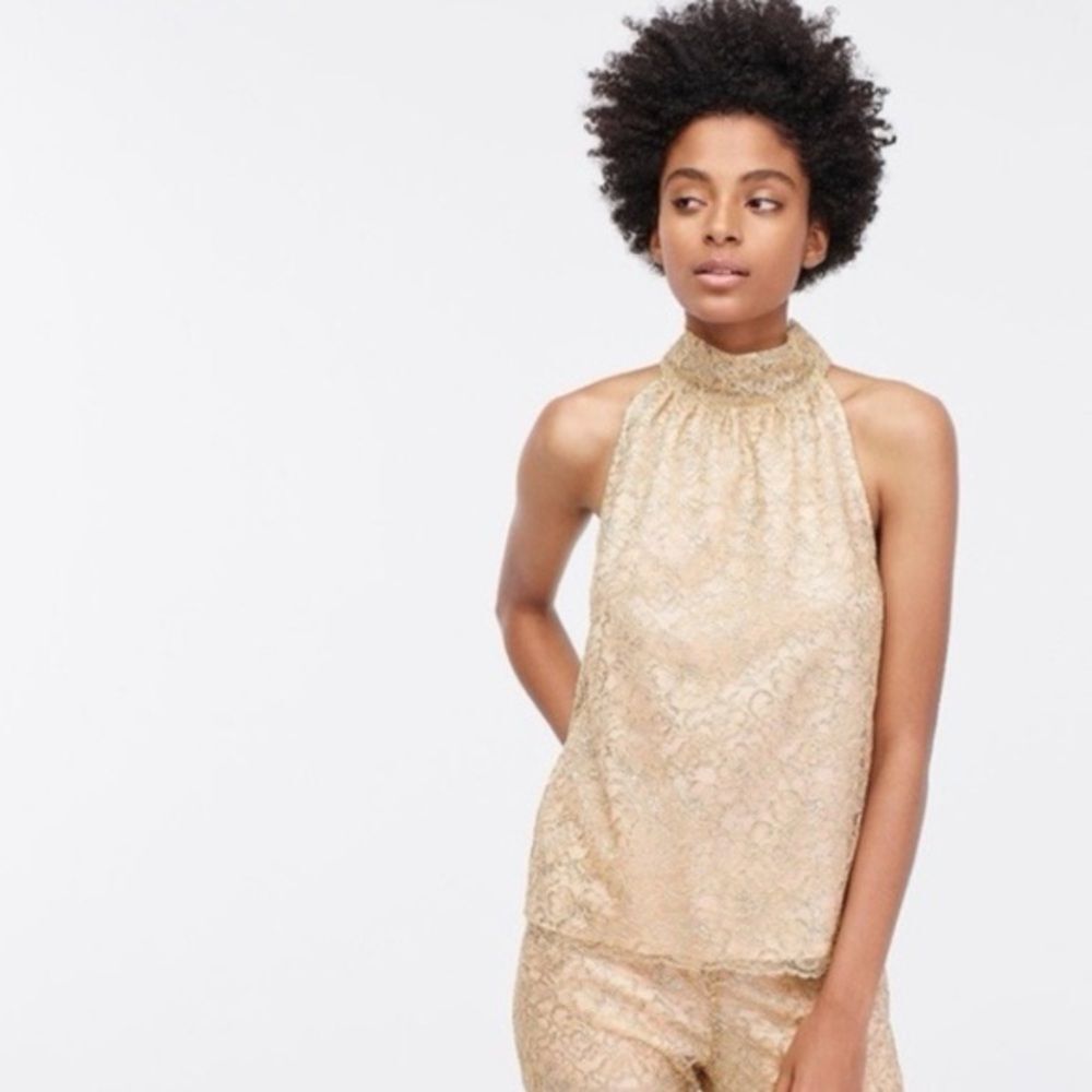 J. Crew Lace Tie-neck Top in Gold Size S